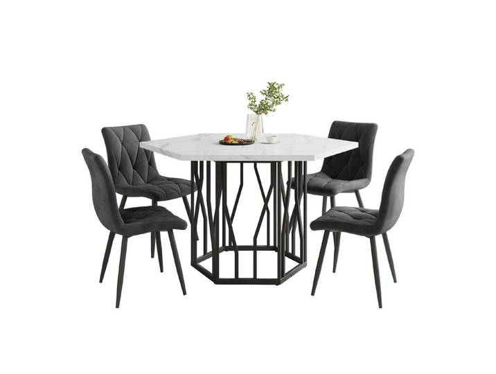 Celya Essgruppe Esstisch-und Stuhlset (5 Set),sechseckiger Marmor-Esstisch + 4 Stühle, aus grau Samt