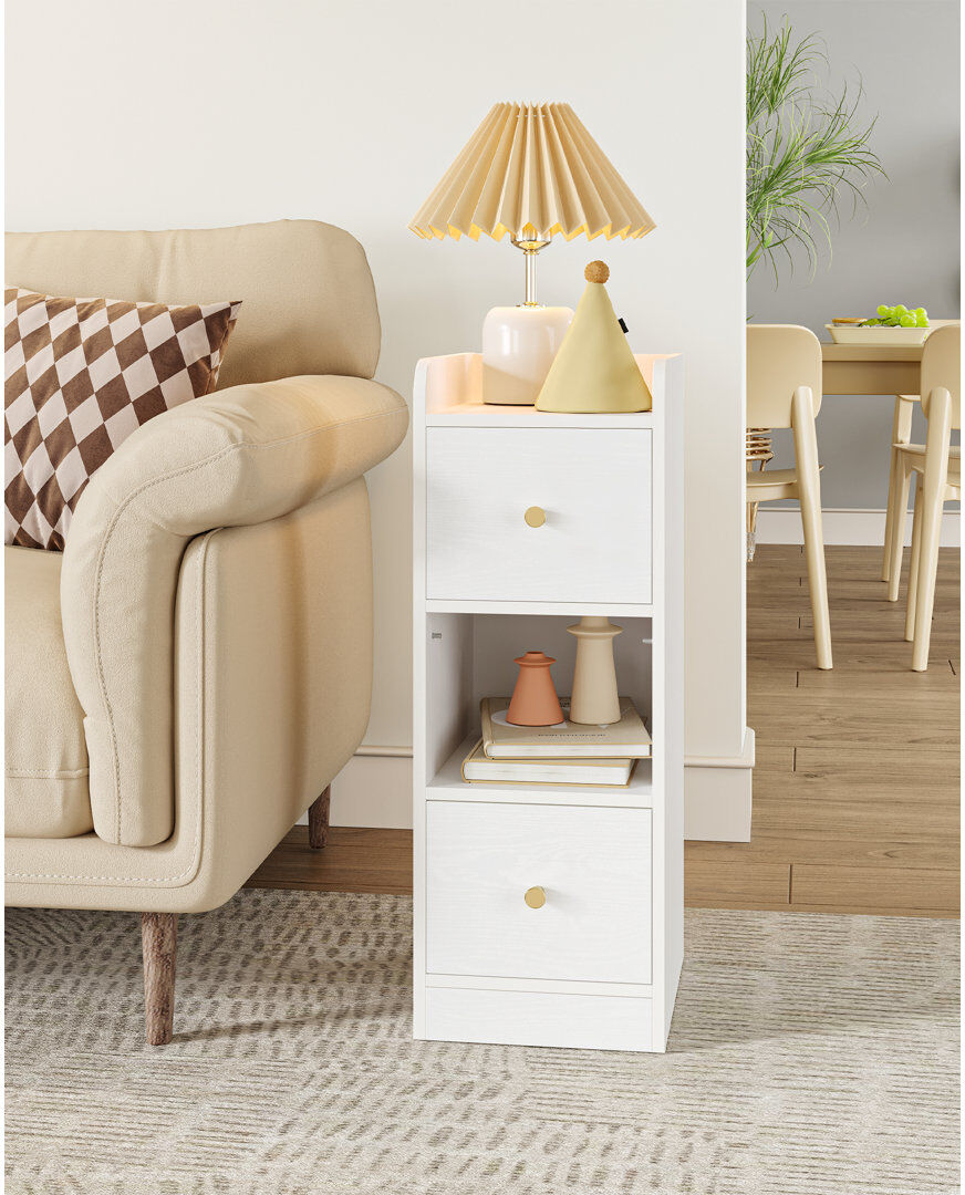 Metro Slim Bedside Tables Set of 2, Narrow Side Table with 2 Drawers, Bedside Cabinet with Open Compartment, Adjustable Drawer Position for Bedroom, Living White 65cm H X 24cm W X 30cm D