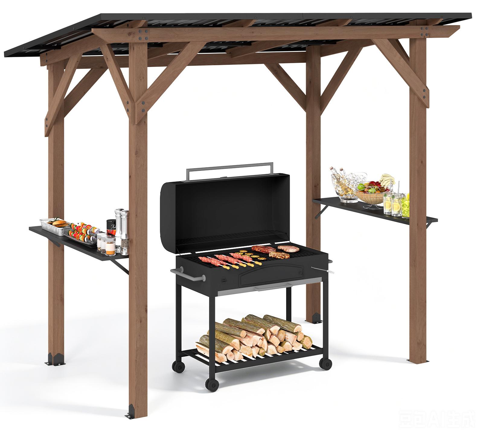 COSTWAY Grillpavillon Holz 263x151x223cm, Grillunterstand mit Dach aus verzinktem Metall & 2 Seitenregalen, Pavillon Grillüberdachung wetterfest