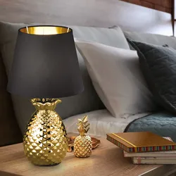 Tischleuchte Tischlampe Beistellleuchte Vintage Nachtlicht Schlafzimmer, Retro Ananasoptik, Keramik gold Textil schwarz, 1x E14 Fassung, DxH 20x35 cm