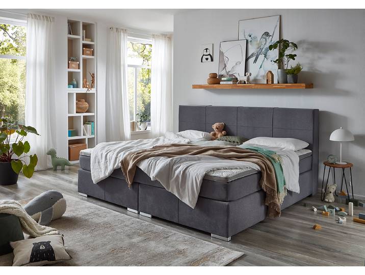 Lit boxspring familial Joby 240 x 115 x 218cm Tissu mélangé Gris
