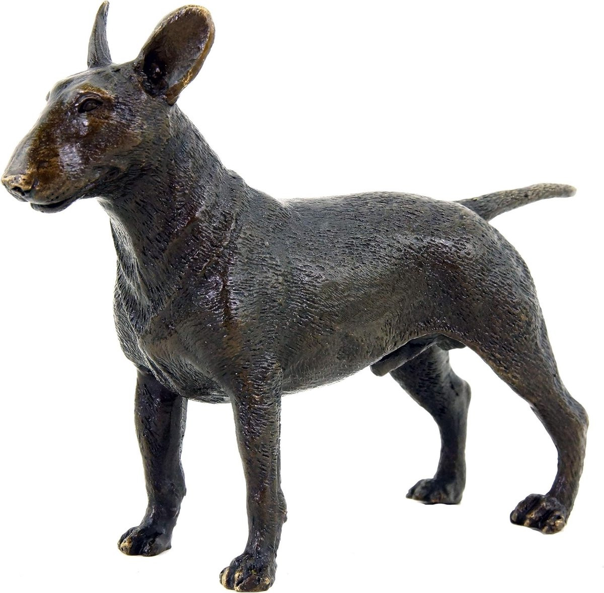 Handgemaakt bronzen Bullterrier hondenbeeldje voor op tafel, bronskleurig, Hoogte: 10 cm