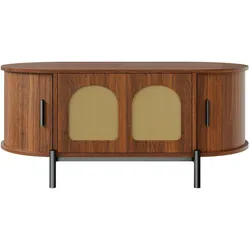 COUCHTISCH in Holzoptik mit Rattan, ovale Form und Schiebetüren