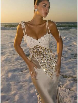 Fashion Sheath White Crochet Sequin Top For Women Scalloped V Neck Summer Beach Party Blouse apricot s