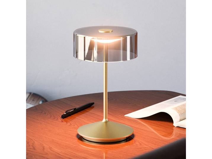 Sigor LED-Akkutischleuchte Numotion, gold, Glas, IP54, dimmbar, messing / gold, für Wohn- / Esszimmer, Glas, Modern