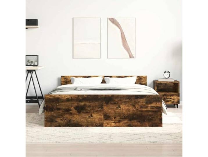 KTHLBRH Bettgestell mit Kopfteil Eiche Rauchgrau 140 x 190 cm Mehrschichtholz und Kiefer, Latten aus Sperrholz, Rückenunterstützung, stabiles Bettgestell