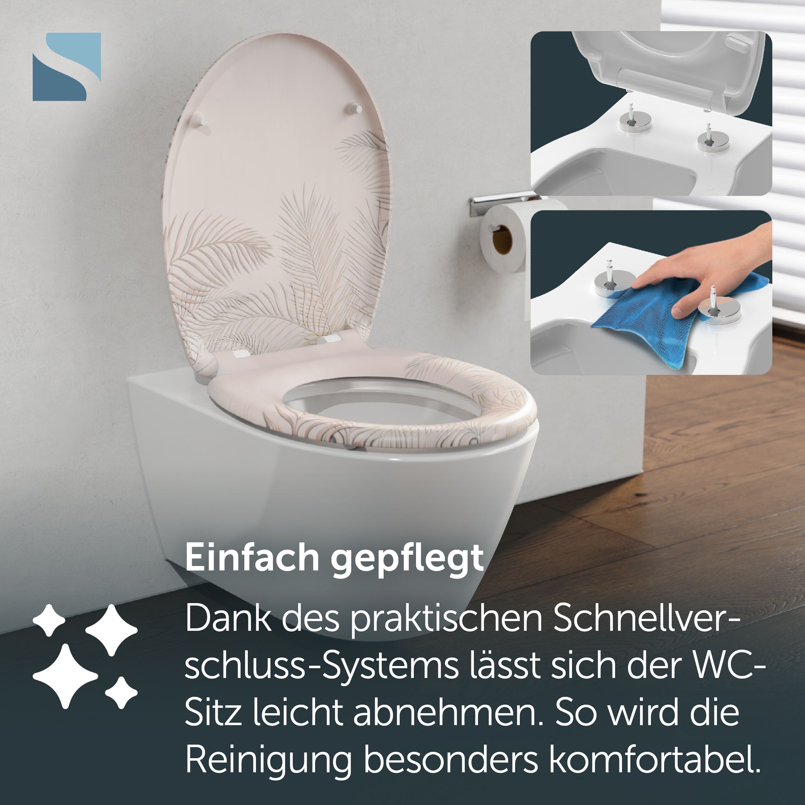 WC-Sitz SCHÜTTE "PALM LEAVES", beige, B:37,5cm L:45,5cm, Duroplast, WC-Sitze, WC-Sitz, Toilettendeckel, Absenkautomatik, Schnellverschluss, O-Form, bis 175kg beige Einheitsgröße