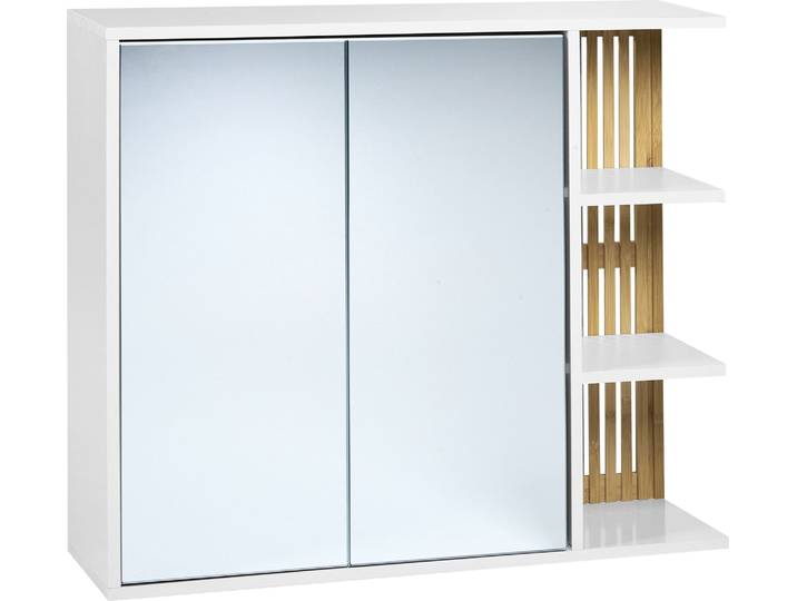 BELIANI Bad Spiegelschrank Weiß u. Hellbraun aus MDF Bambusholz Kiefernholz 70 x 80 cm Lamellen Optik Hängeschrank Badezimmermöbel