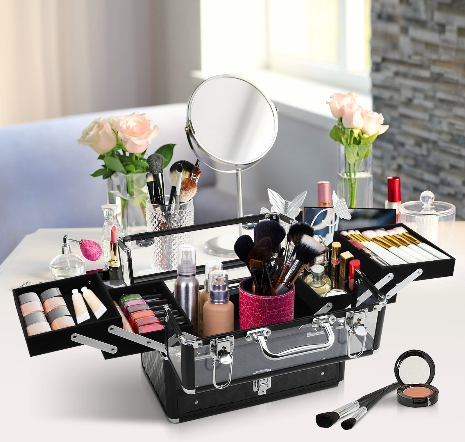 Altro Valigetta Porta Trucchi Professionale Da Viaggio, Valigetta Trucchi Con Vassoi Estraibili E Serratura, Per Makeup Beauty Case Donna Viaggio, 30x18.5x
