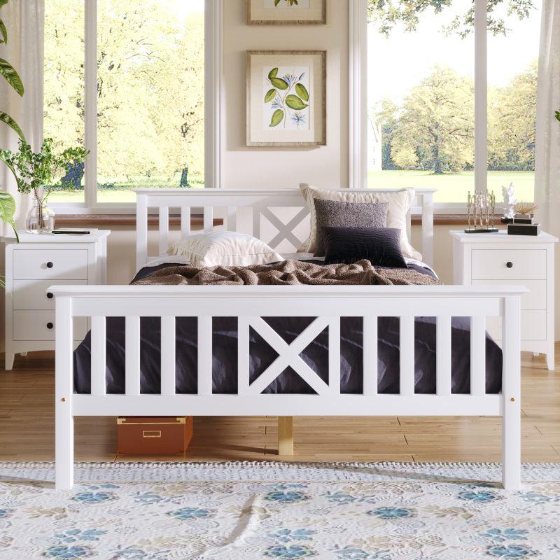 Doppelbett 140x200 cm - Bettgestell und Bett mit Stauraum - Massivholz (Kiefer) - Vintage-Design mit Kopfteil in X-Form