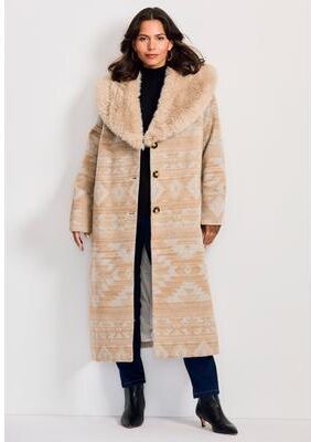 Plus Size Women's Faux Fur Trim Coat by Avenue in Neutral Aztec Geo (Size 22/24)