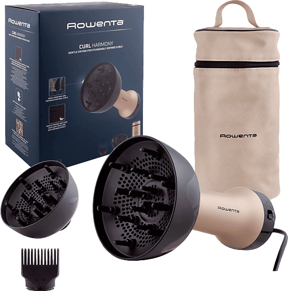 Secador - Rowenta Curl Harmony, Difusor de aire caliente, 3 en 1, 2 velocidades/temperaturas, 700W, Diseño ergonómico, accesorios, Neceser, Dorado
