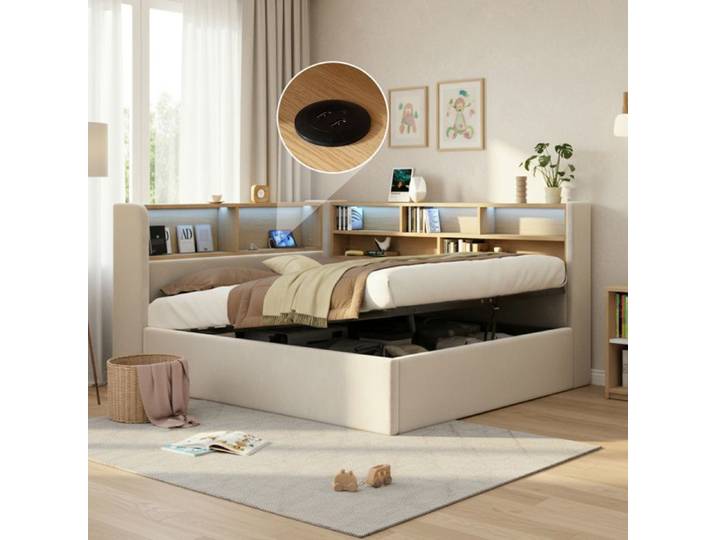 MEUBLIV Lit coffre hydraulique 140x190 cm en velours beige LED intégrée USB rangements ouverts