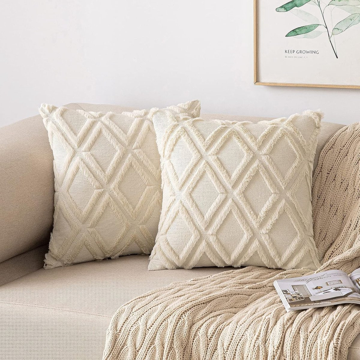 SnelShoppen Set van 2 Wollen Kussenslopen met Fluwelen Bont voor Boho-Decoratie