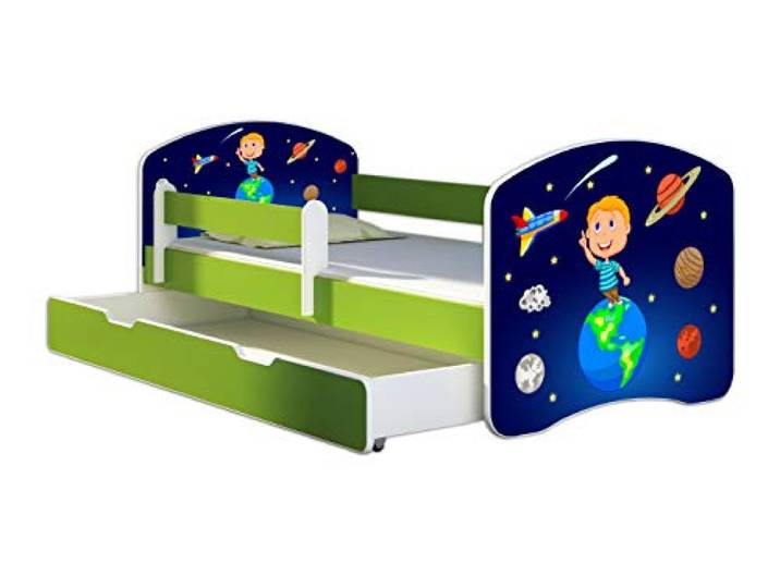 ACMA Kinderbett 160x80 Jugendbett mit Einer Schublade und Matratze, Farbe Grün, Rausfallschutz Lattenrost II Spielbett Kinderzimmer Möbel, 22 Kosmos