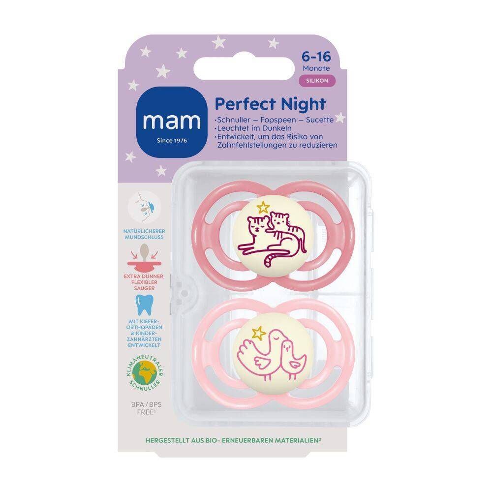 MAM Perfect Night Fopspeen Silicone Pink 6-16 2 St Schnuller
