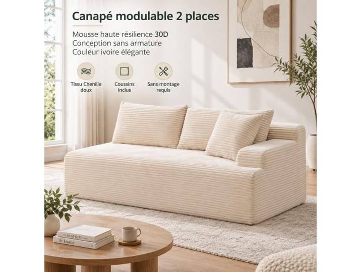 Canapé - SOGEU - W3633P463989 - Chenille - Ivoire - Modulable