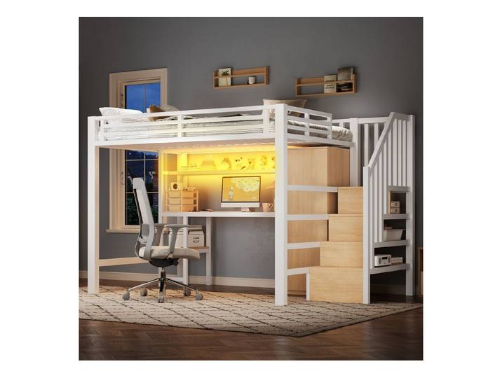 REDOM Hochbett Funktionsbett mit Treppe (mit Schreibtisch, Regal & LED-Beleuchtung – Kleiderschrank & Stauraumtreppe für effiziente Raumnutzung, 1-St., 140x200)
