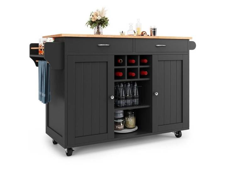 ilot central moderne 102x45x92cm buffet rangement noir - Meuble multifonction chariot repas veinure bois