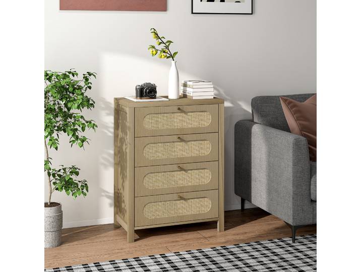 HOMCOM Commode 4 Tiroirs Bohémienne Résine Tressée Effet Bois