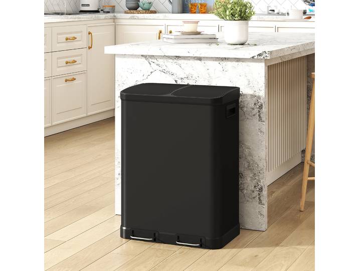 HOMCOM Poubelle Double 2x30L Inox Noir Cuisine à Pédale