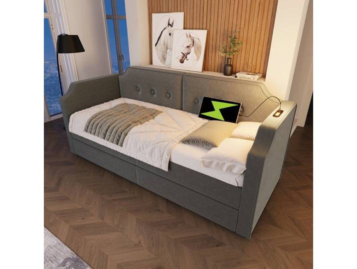 Canapé‑lit - LANGTU - capitonné - 90x200 cm - velours - lampe de lecture USB‑C