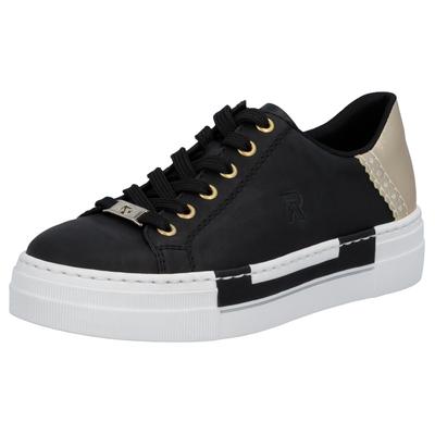 Plateausneaker RIEKER, Damen, Gr. 38, schwarz (schwarz, goldfarben), Lederimitat, Schuhe Skaterschuh Sneaker low, mit Metallic-Fersenkappe, Freizeitschuh, Halbschuh, Schnürschuh