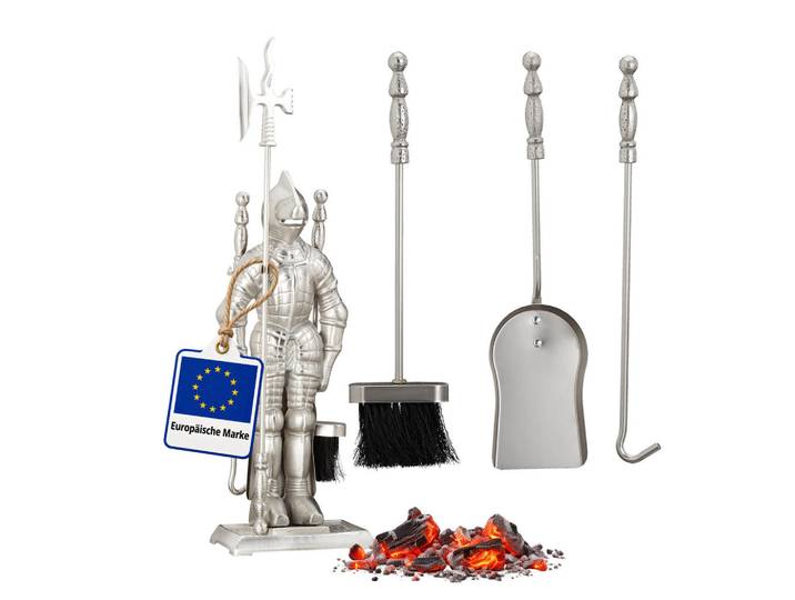 Relaxdays Kaminbesteck Silber 4-tlg. Gusseisen, Silberfarben, Metall, 21x72x12.5 cm, Kleinmöbel, Kamine & Zubehör
