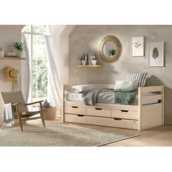 VIPACK VIPACK - Funktionsbett, 3 Schubladen, Rolllattenrost, 90x200, Bettschublade, Milky White lackiert