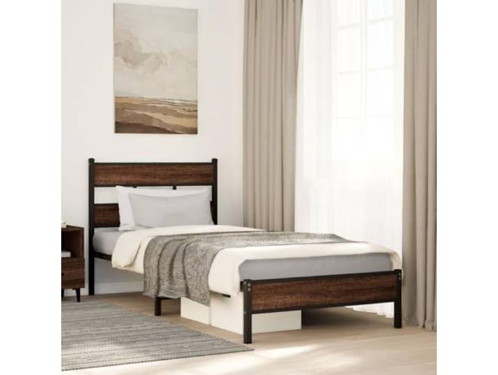 WDGJJFECNMUEHI Robustes Stahlgestell Schlafzimmerklassiker 100x190 cm Braun Bettgestell ohne Matratze Braun Eiche 100x190 cm Holzwerkstoff Metall Lattenrost Stauraum Stabil Schlafzimmer Bettrahmen