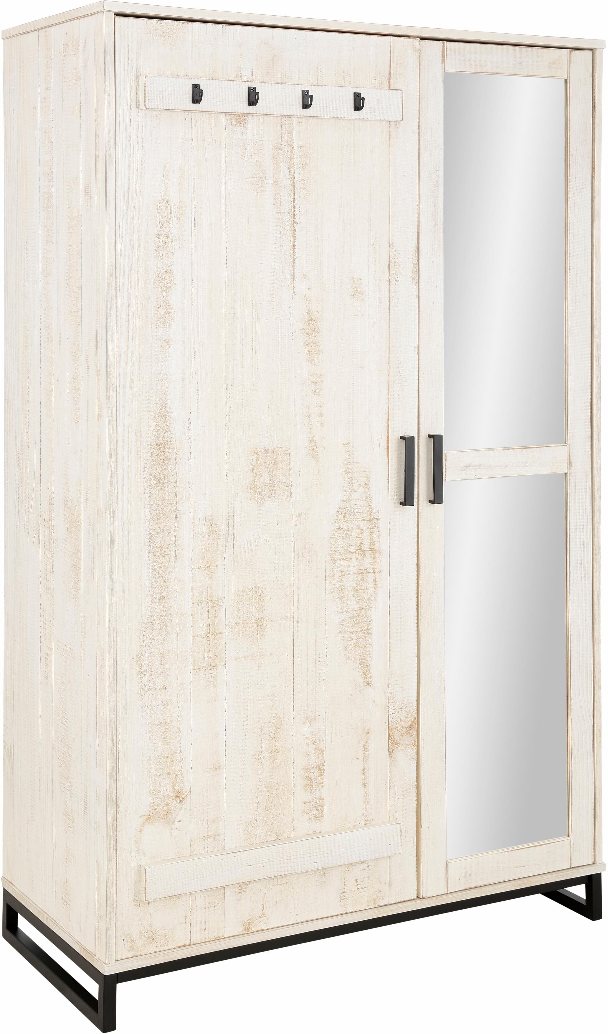 Garderobenschrank GOODPRODUCT "Santos", weiss (weiß, gewischt), B:110cm H:180cm T:52cm, Massivholz, Schränke, Garderobenschrank, mit besonderen Türfronten und Spiegel, viel Stauraum, Höhe 180 cm weiß, gewischt B/H/T: 110cm x 180cm x 52cm, Türen: 2 Stk.