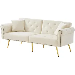 2-Sitzer Schlafsofa Beige 70X75X173 cm mit 3-stufig verstellbarer Rückenlehne und vergoldeten Metallfüßen – Luxuriös & Multifunktional