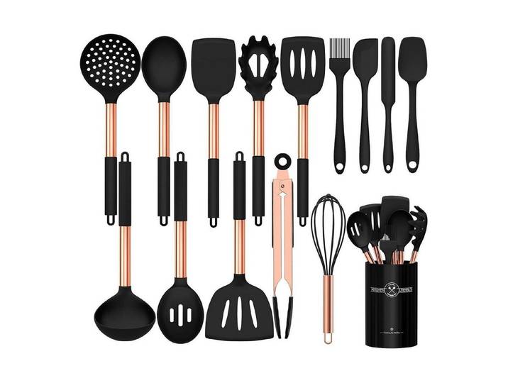 LuxusKollektion Kochbesteck-Set Kochutensilien Set Silikon 15teilig Schneebesen Rotgold Schwarz