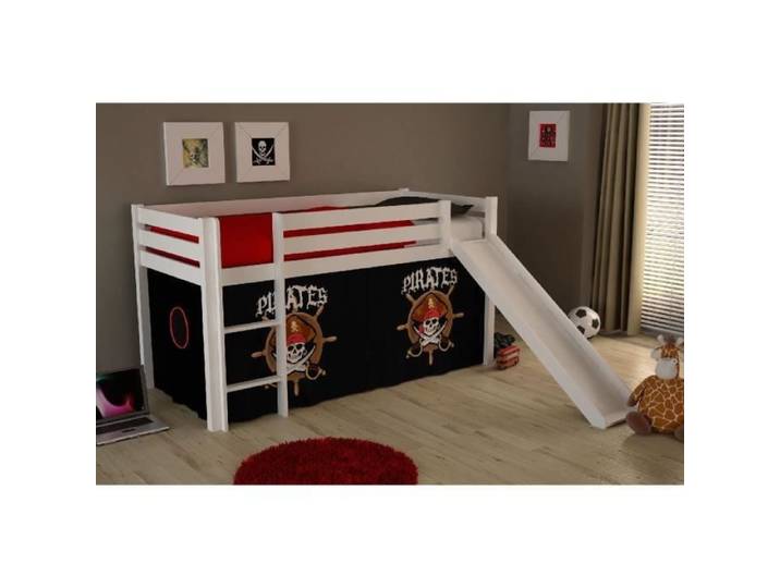 Lit enfant mezzanine en bois massif avec toboggan et rideau Pirates - Vipack PINO - Blanc