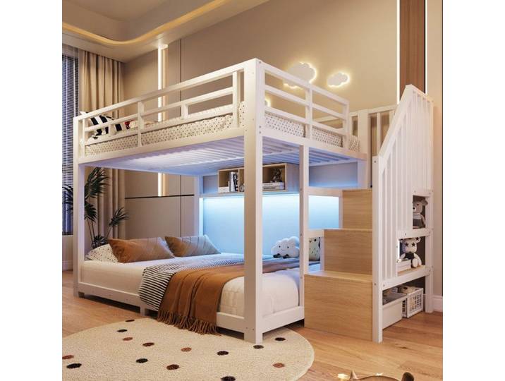 Lit superposé métal lit enfant 140x200 cm bandes LED 3 compartiments escalier avec rangements garde-corps sans matelas blanc