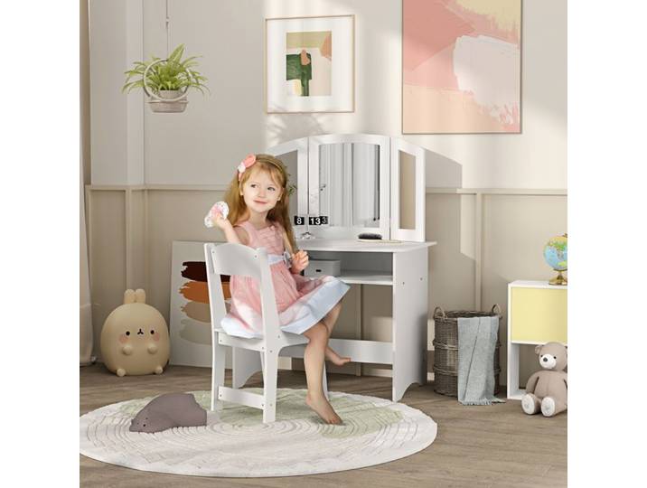 Coiffeuse enfant avec maquillage miroir triple amovible et chaise en bois blanc
