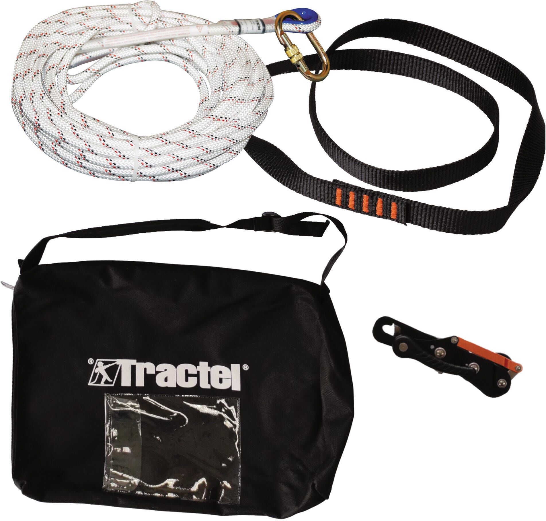 Tractel KIT SOCCORSO E CALATA  PER UNA PERSONA CORDA DISCENSORE ANTIPANICO E FETTUCCIA