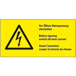 Aufkleber I Warn-Kombischild Vor Öffnen Netzspannung abschalten, praxisbewährt, Folie, 100x50mm