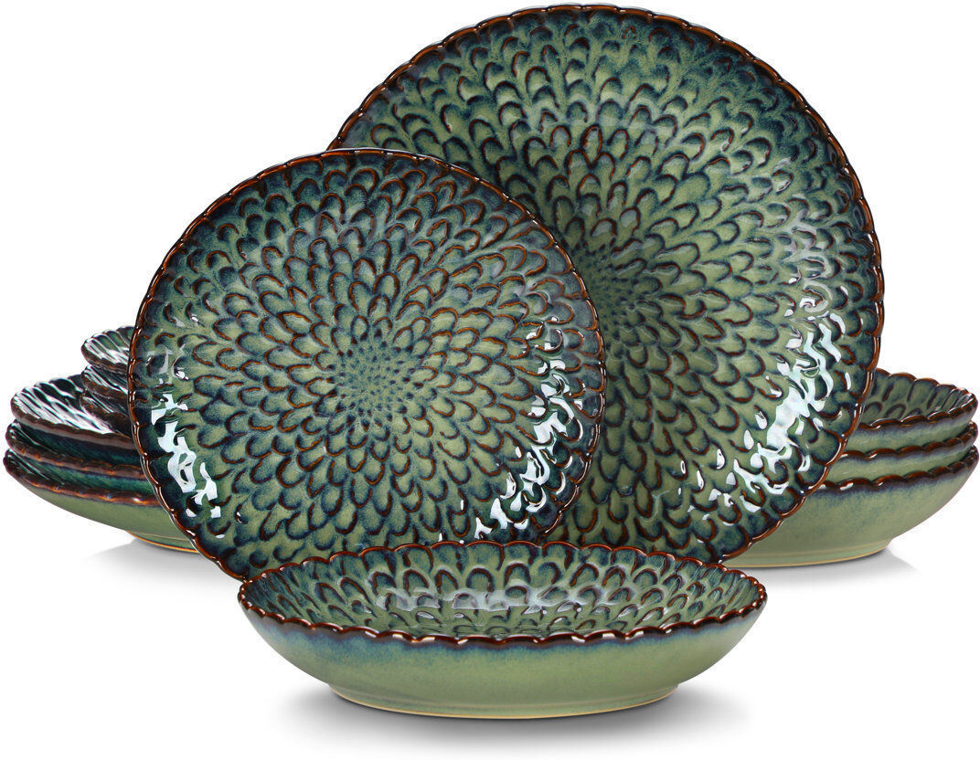 Vancasso Chrys Stoneware Dinner Service Set For 4 People, 12-piece Crockery Set With Flat Plate, Soup Plate And Cake Plate Green 12