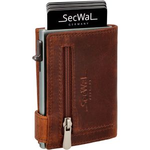 SecWal Kreditkartenetui Echt Leder, braun, für 10 Karten, Münzfach mit Reißverschluss & Geldscheinfach, RFID Schutz
