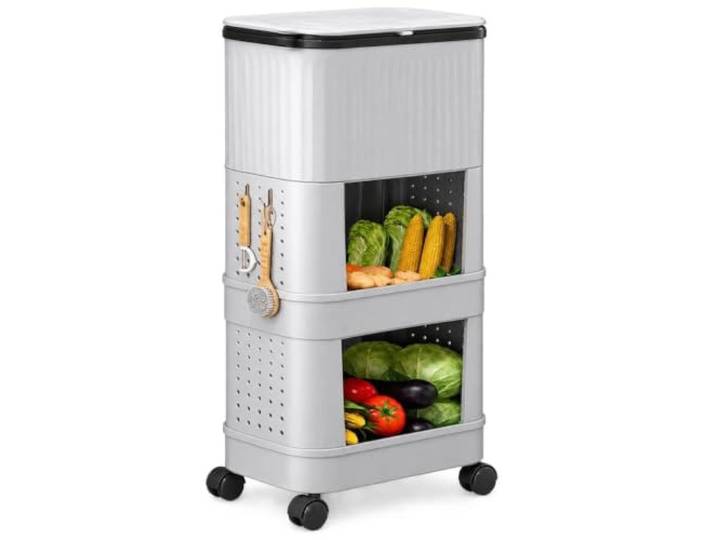 WSJJXS Fahrbarer Küchen-Mülleimer Rollwagen mit Ablagen Kein Bücken, leichtgängige Rollen, Seitenablage, dichter Deckel(Gray,Style C)