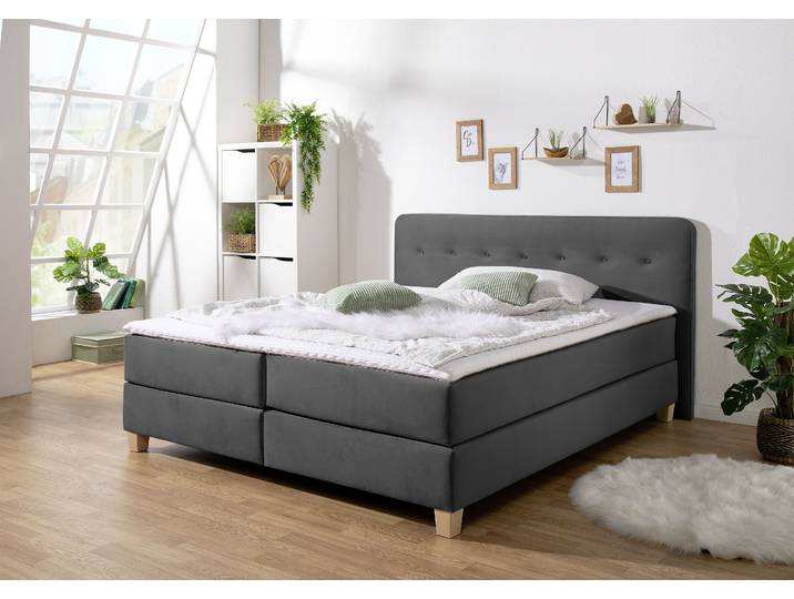 Boxspringbett, Anthrazit, 173x207 cm, Strukturstoff & Samt, Inkl. Topper, Modern, Home-affaire