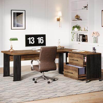 Bluebell Executive Desk with File Cabinet, Large L Shaped Computer Office Desk with 2 Drawers