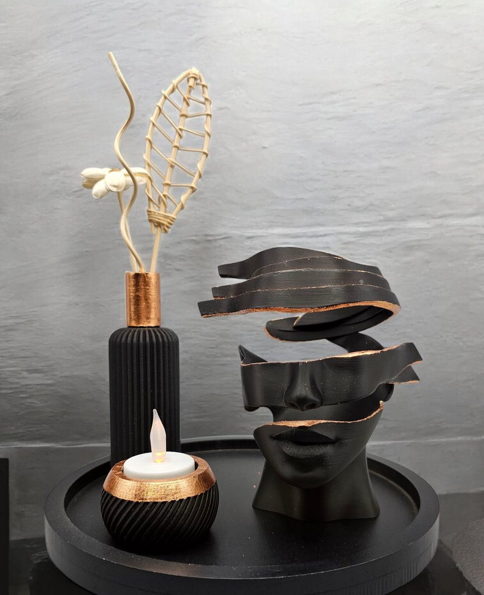 Layerzz Unpeeled 3D geprint abstract kunstbeeld - Zwart met rose gouden afwerking - 20 cm