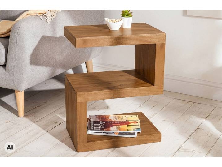 Handgearbeiteter Beistelltisch S 60cm braun honey finish Mangoholz mit Ablage variabel stellbar rechteckig Modern & Design