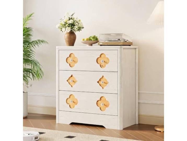 Zstar Boho Kommode mit 3 Schubladen Holzoptik Aufbewahrungsschrank Elegante Schubladenkommode mit viel Stauraum für Schlafzimmer und Flur, Weiß