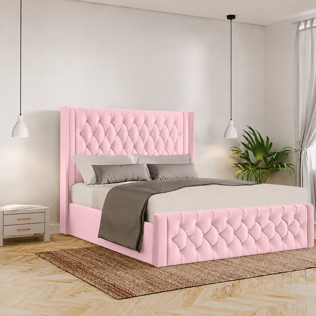 Canora Grey Barrientez Upholstered Ottoman Storage Bed Pink Kingsize (5')