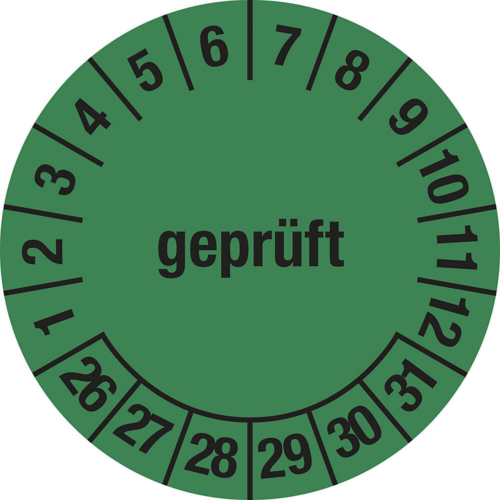 kaiserkraft Mehrjahresplakette, geprüft, grün, Dokumentenfolie, Ø 30 mm, VE 10 Stk, 26 - 31