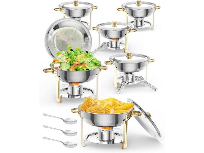 GarveeMore Speisenwärmer 5L runde Edelstahl-Chafing-Dishes und Warmhaltebehälter, (Set, 6-tlg), mit Deckel,Deckelhalter,Löffel,Pinzette für Catering,Partys,Abendessen