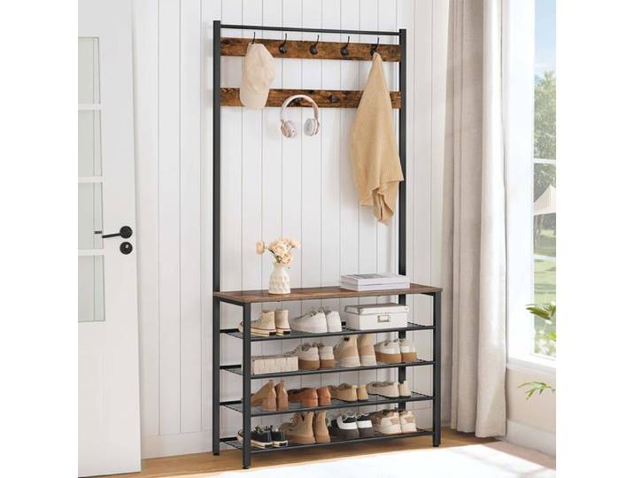 HOOBRO Porte-Manteau Vestiaire Meuble Entrée avec Étagère à Chaussures à 5 Niveaux pour Entrée Industriel Marron Rustique